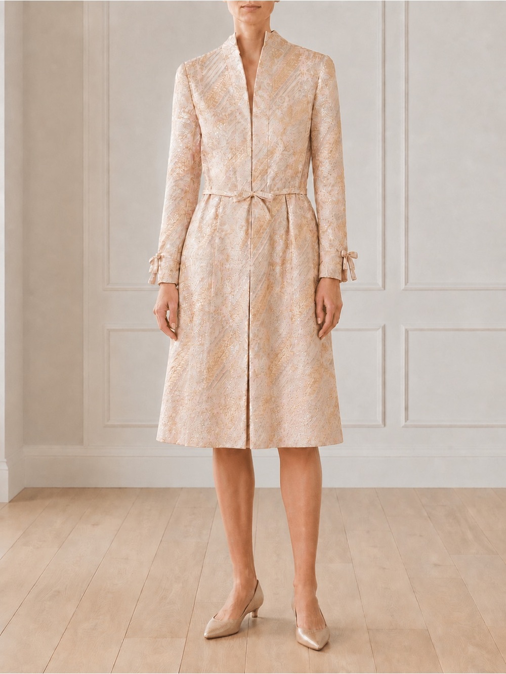 Vintage 60s Hartmay New York Size XS Pink Gold Metallic Brocade Midi Dress Coat